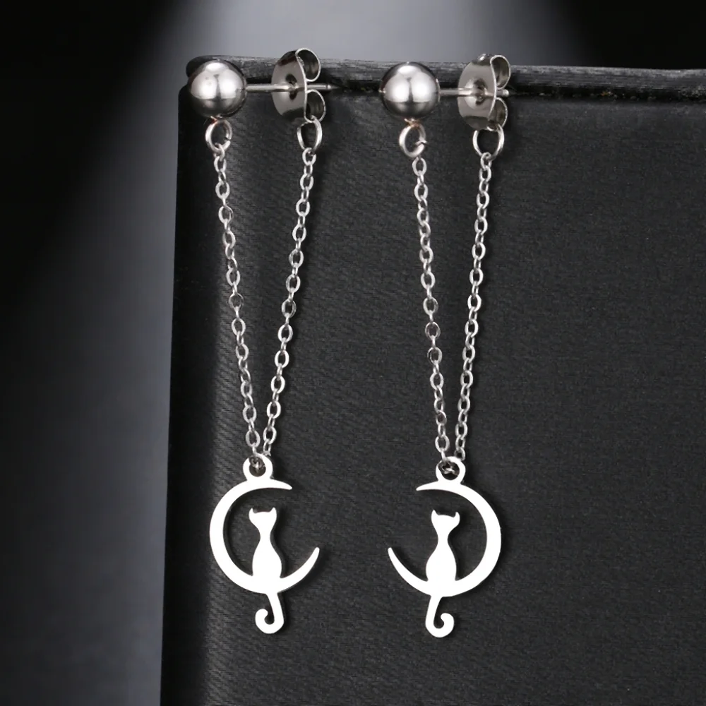 Delicate Moon Cat Earrings - Picture 2 of 5